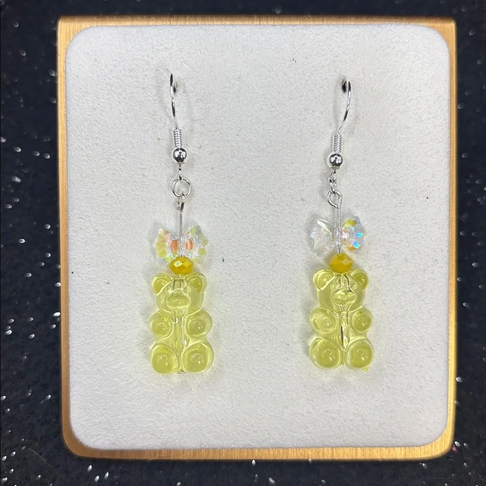 Yellow Gummy Bear Dangle Earrings with Iridescent bow